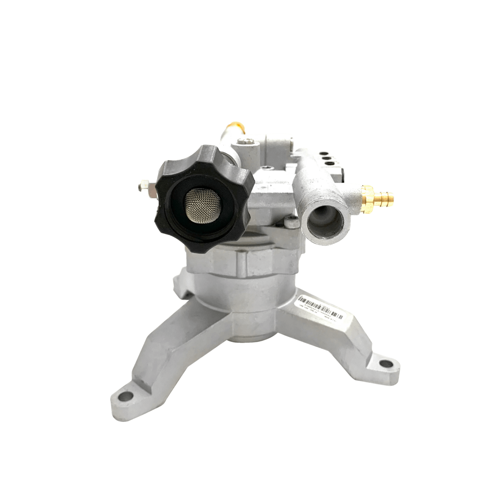 OEM Technologies 510022 vertical-mounting axial cam pump with an all-aluminum body and head construction, a 3-legged mounting flange, a black garden hose inlet knob, and an integrated unloader valve assembly.