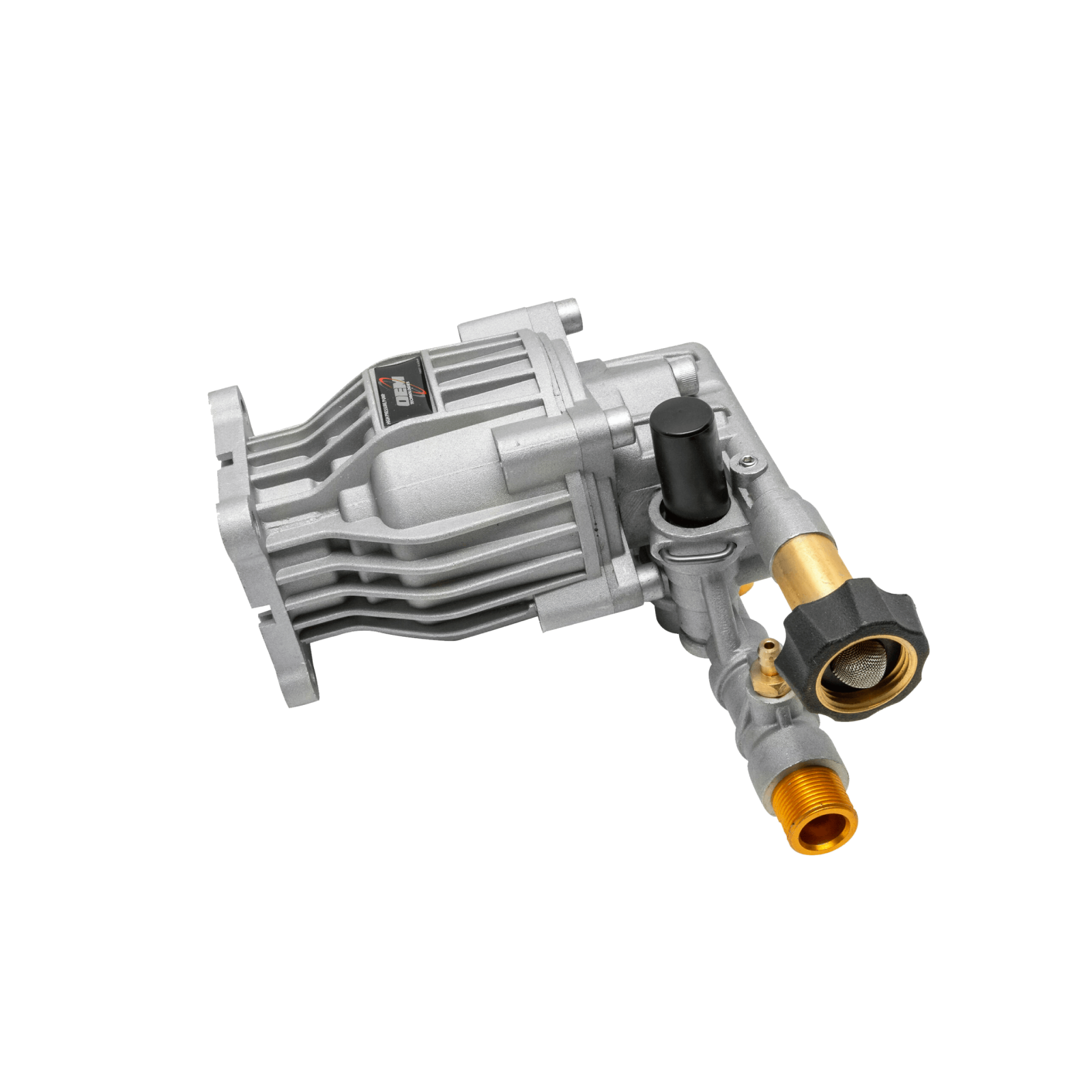 OEM Technologies 520006 horizontal axial cam pump showing aluminum crankcase, integrated unloader valve, black garden hose inlet, and brass M22 high-pressure outlet.