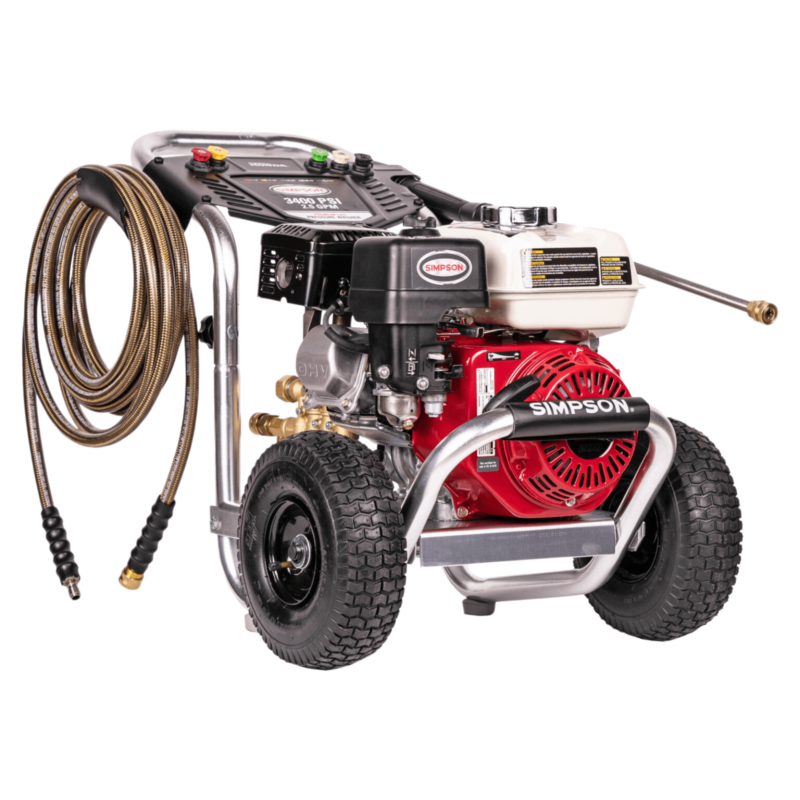 Simpson Aluminum Series ALH3228 with a red Honda GX200 engine, direct-drive AAA industrial triplex plunger pump, aircraft-grade aluminum frame, and 10-inch premium pneumatic tires.