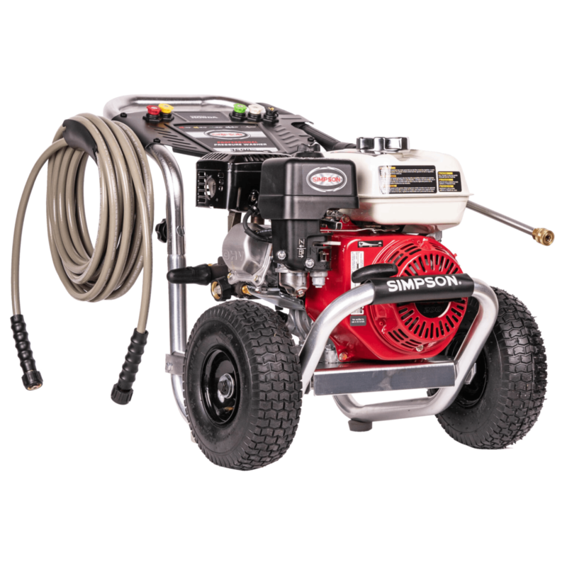 Simpson Aluminum Series ALH3245 with a red Honda GX200 engine, direct-drive AAA industrial triplex plunger pump, aircraft-grade aluminum frame, and 10-inch premium pneumatic tires.