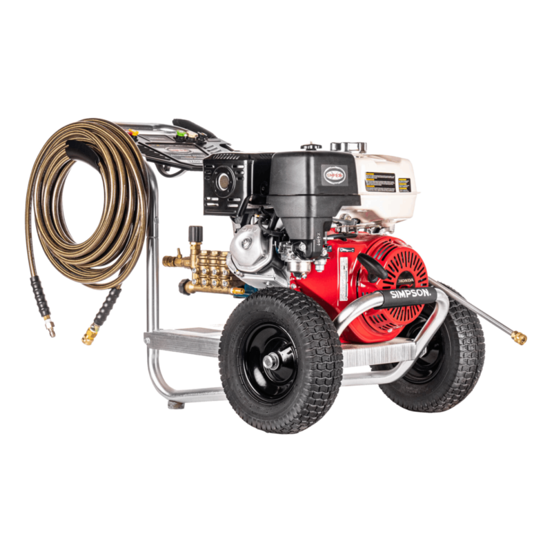 Simpson Aluminum Series ALH4240 with a red Honda GX390 engine, direct-drive Cat Pumps industrial triplex plunger pump, aircraft-grade aluminum frame, and 13-inch premium pneumatic tires.