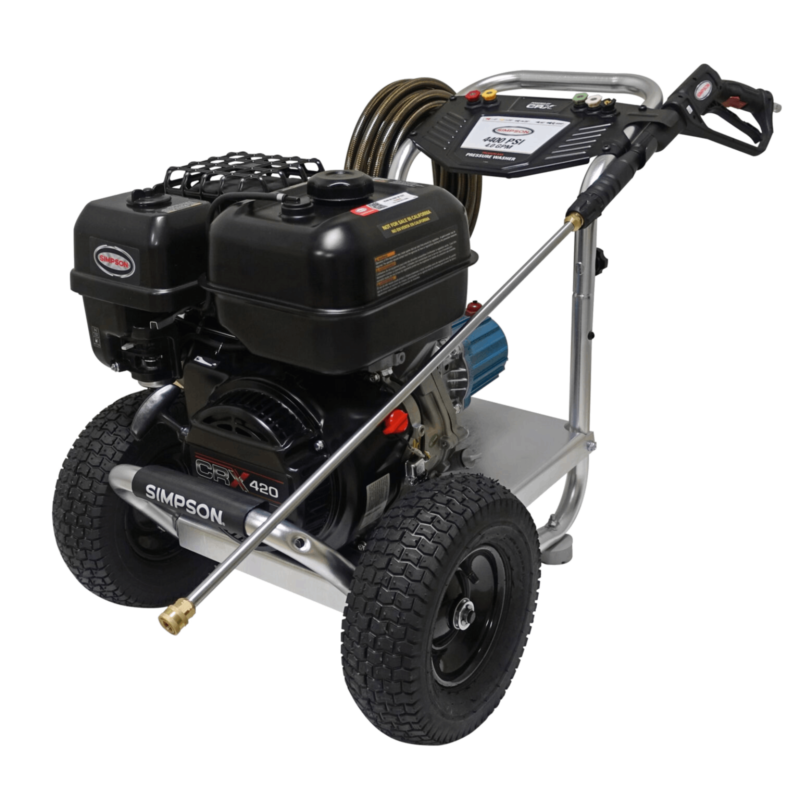 Simpson Aluminum Series ALH4440 industrial gas pressure washer featuring a black CRX420 engine, a blue Cat Pumps triplex plunger pump, an aircraft-grade aluminum frame, a black dashboard console, and 13-inch premium pneumatic tires on a black background.