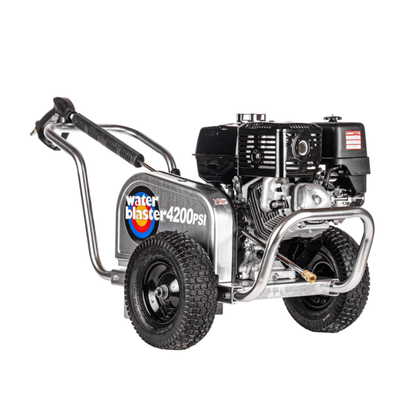 Simpson Water Blaster ALWB60827 with a red Honda GX390 engine, belt-drive AAA industrial triplex plunger pump, aircraft-grade aluminum frame, and 13-inch premium pneumatic tires.