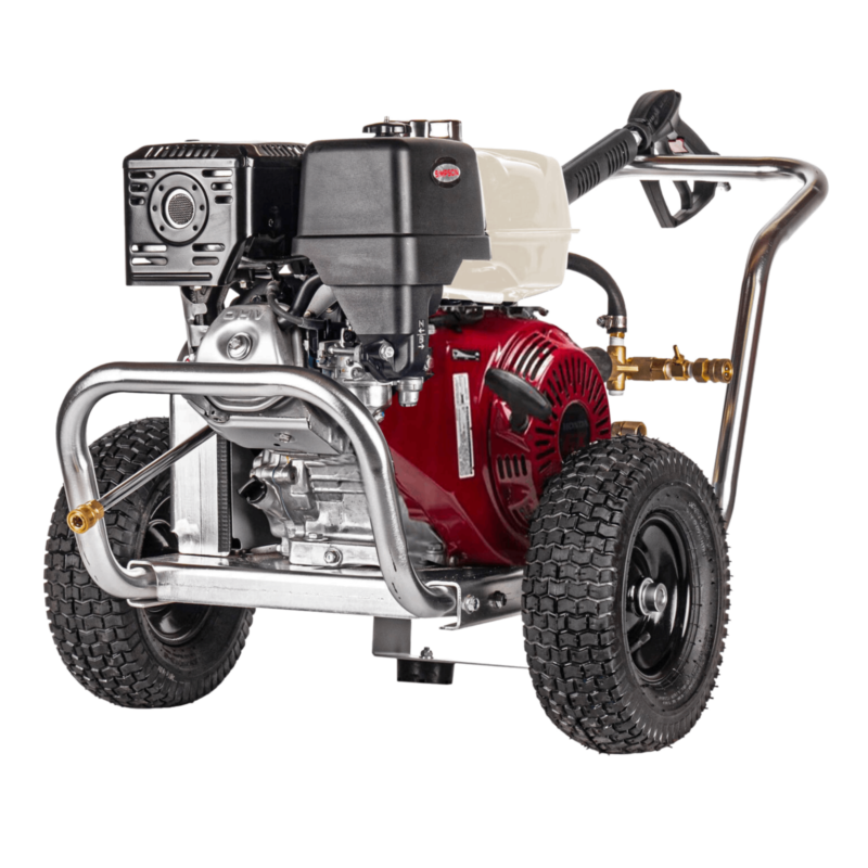 Simpson Water Blaster ALWB60828 with a red Honda GX390 engine, belt-drive industrial triplex plunger pump, aircraft-grade aluminum frame, and 13-inch premium pneumatic tires.
