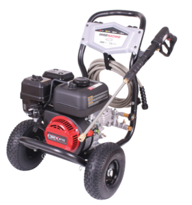 Simpson Clean Machine CM61083 gas pressure washer featuring a red CRX210 engine, axial cam pump, and a 3400 PSI / 2.5 GPM dashboard panel on a black background.