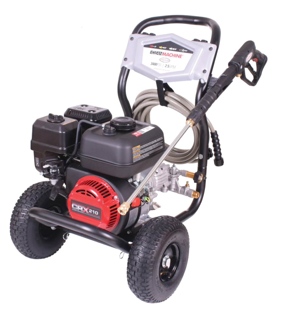 Gas-powered Clean Machine 3400 PSI pressure washer with CRX210 engine, two-wheel frame, coiled high‑pressure hose, and spray wand attached to the handle.