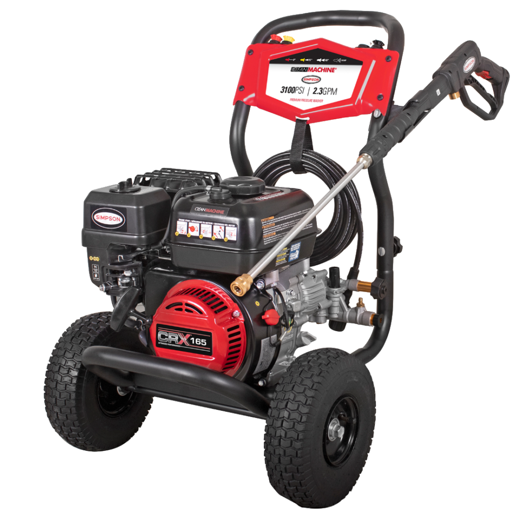 Simpson Clean Machine 3100 PSI gas pressure washer with CRX165 engine, high‑pressure hose, and spray wand for outdoor cleaning.