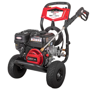 SSimpson Clean Machine CM61227 gas pressure washer featuring a red CRX165 engine, axial cam pump, and a 3100 PSI / 2.3 GPM dashboard panel on a black background.