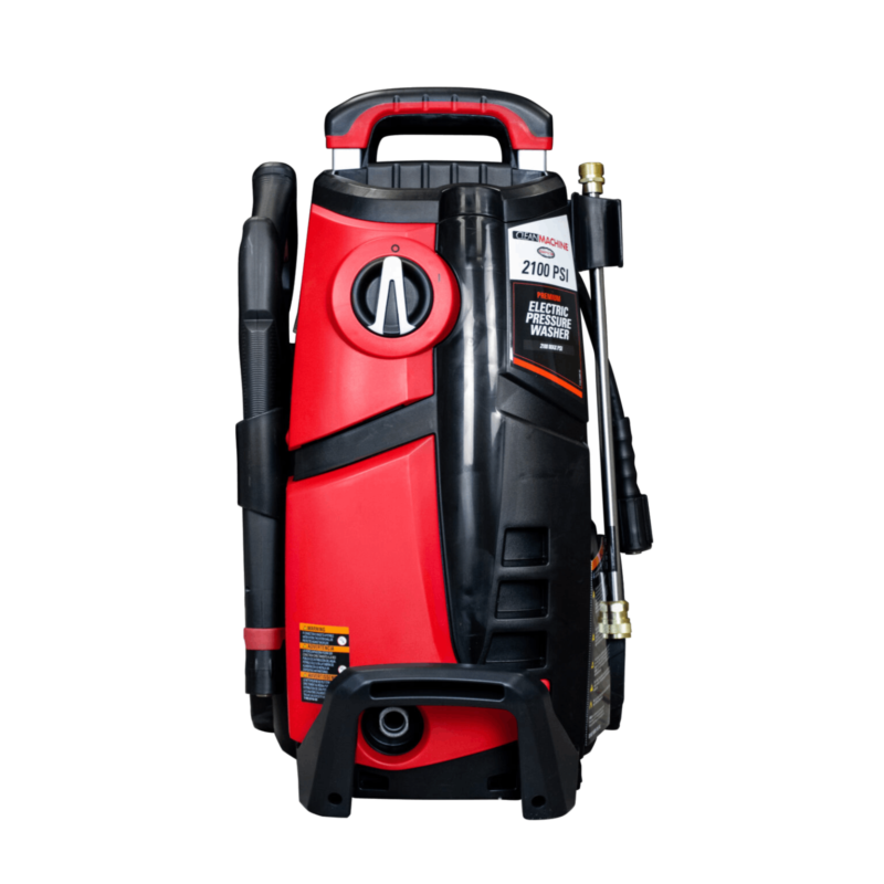 Simpson Clean Machine CM61235 electric pressure washer featuring a red and black vertical chassis, telescopic handle, side accessory hooks, and a 2100 PSI rating badge.