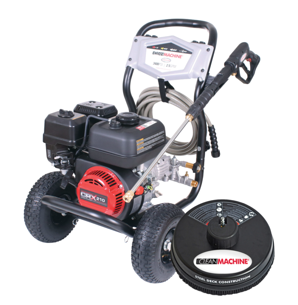 Alt text: Clean Machine 3400 PSI gas pressure washer with CRX210 engine, hose reel, high‑pressure hose, spray wand, and a matching steel‑deck surface cleaner attachment.