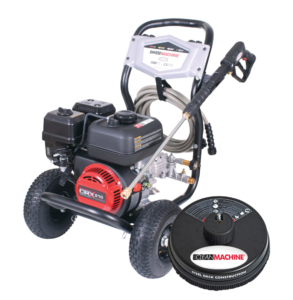 Simpson Clean Machine CM61248 gas pressure washer featuring a red CRX210 engine, axial cam pump, a 3400 PSI / 2.5 GPM dashboard panel, and an included steel deck surface cleaner on a black background.