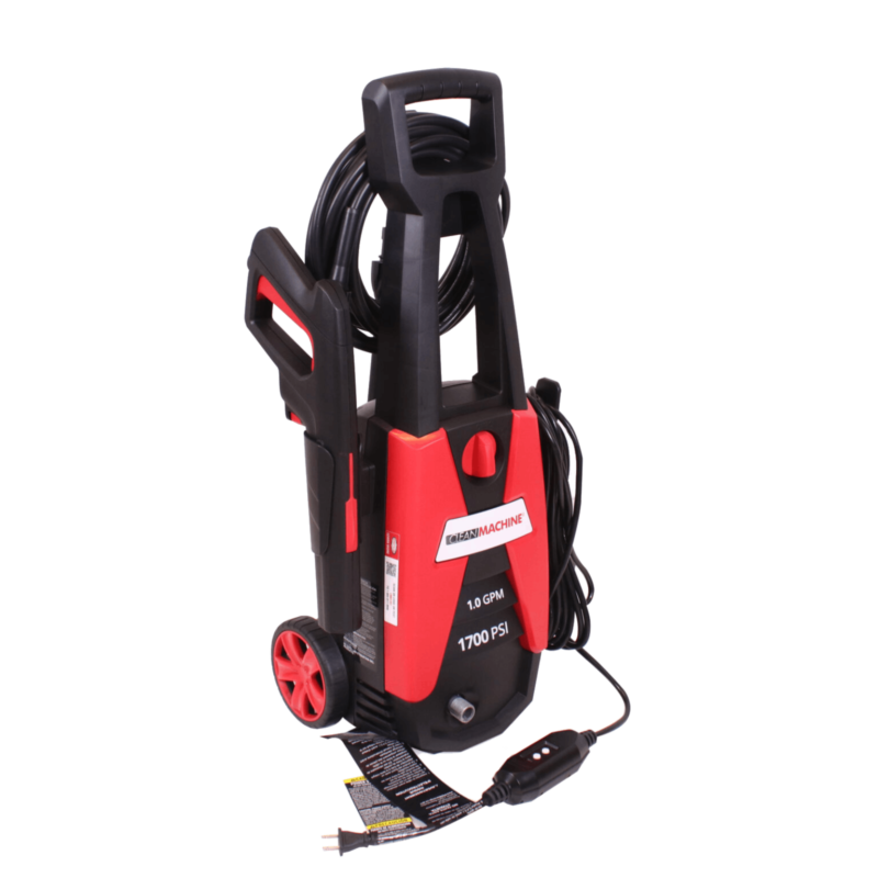 Simpson Clean Machine CM61351 electric pressure washer featuring a red and black vertical housing, side gun holder, transport wheels, and a 1700 PSI / 1.0 GPM rating label.