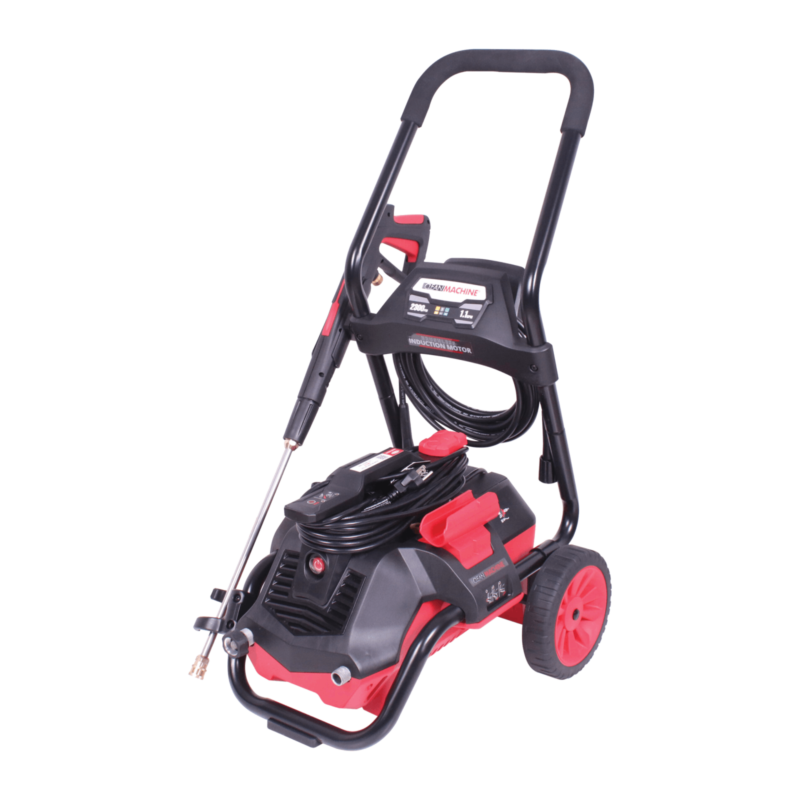 Simpson Clean Machine CM61352 electric pressure washer featuring a brushless induction motor, a 2300 PSI / 1.1 GPM dashboard, and red never-flat wheels on a black background.