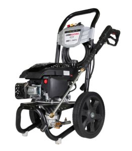 Simpson Clean Machine CM61455 gas pressure washer featuring a vertical OHV engine, axial cam pump, and a 2900 PSI / 2.4 GPM dashboard panel on a black background.