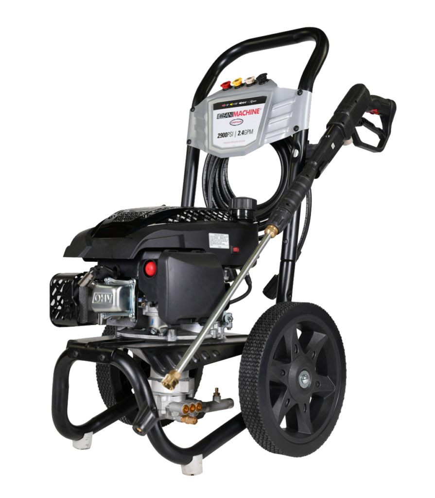 Gas-powered Clean Machine 2900 PSI pressure washer with CRX engine, two-wheel frame, high‑pressure hose, spray wand, and four quick‑connect nozzles for outdoor cleaning.