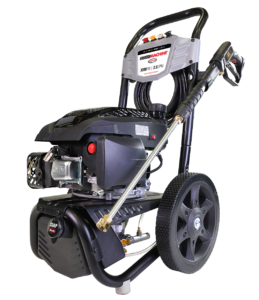 Simpson Clean Machine CM61456 gas pressure washer featuring a vertical OHV engine, axial cam pump, integrated onboard soap tank, and a 3200 PSI / 2.5 GPM dashboard panel on a black background.