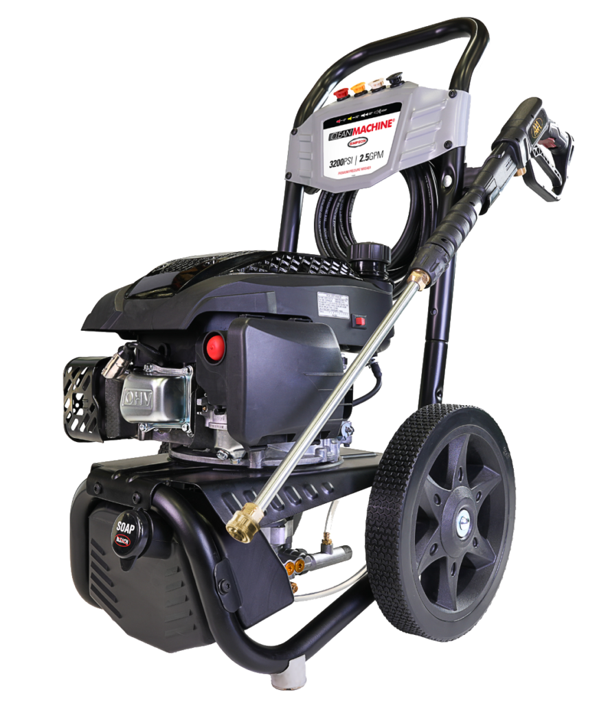 Gas-powered Clean Machine 3200 PSI pressure washer with metal frame, two wheels, CRX engine, high‑pressure hose, spray wand, and color-coded quick‑connect nozzles.
