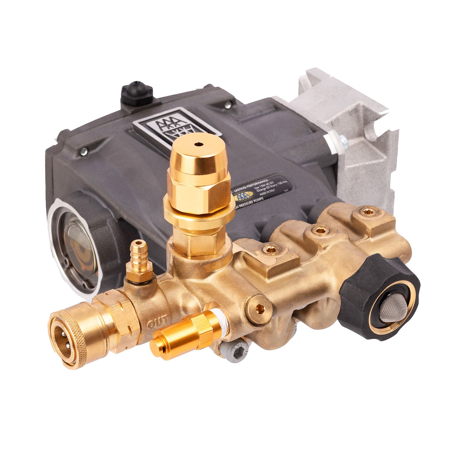 AAA DWD2536 triplex plunger pump with a black crankcase, sight glass, aluminum engine mounting flange, forged brass manifold, integrated brass unloader valve, brass quick-connect outlet, and black garden hose inlet.