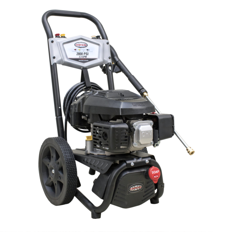 Alt Text: Simpson MegaShot MS61114 residential gas pressure washer featuring a black Kohler engine, an OEM Technologies axial cam pump, a black welded steel frame with an integrated onboard detergent tank, and 12-inch wheels.