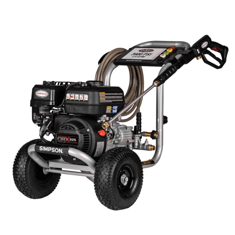 Alt Text: Simpson MegaShot MS61219 gas pressure washer featuring a CRX 225 engine, axial cam pump, silver frame, and a 3400 PSI / 2.5 GPM black dashboard panel.