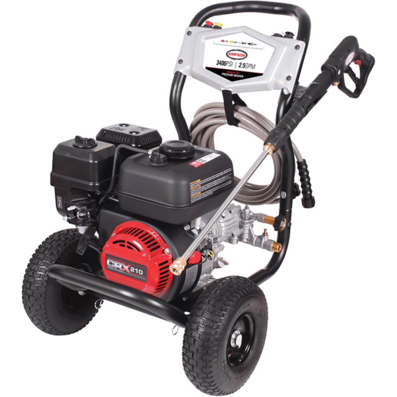 Simpson MegaShot MS61424 gas pressure washer featuring a CRX210 engine, OEM Technologies axial cam pump, black steel frame, and a silver 3400 PSI / 2.5 GPM dashboard panel.