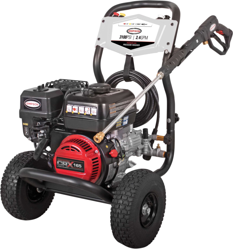 Simpson MegaShot MS61425 gas pressure washer featuring a CRX165 engine, axial cam pump, black steel frame, and a silver 3100 PSI / 2.4 GPM dashboard panel.