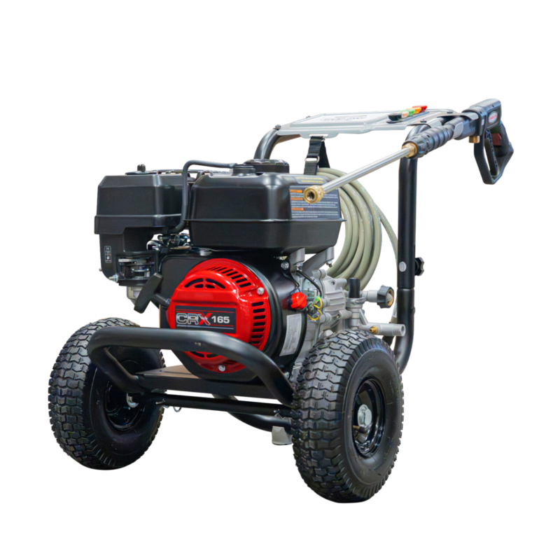 Simpson MegaShot MS61471 gas pressure washer featuring a red-shrouded CRX165 engine, OEM Technologies axial cam pump, black steel chassis, and 10-inch pneumatic tires.