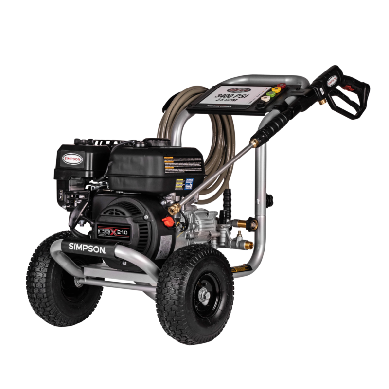 Simpson MegaShot MS61495 gas pressure washer featuring a red CRX210 engine, OEM Technologies axial cam pump, silver welded steel frame, and 10-inch pneumatic tires on a black background.