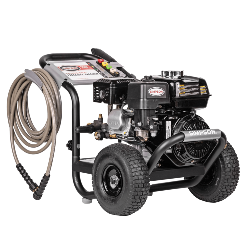 Simpson PowerShot PS3228 professional gas pressure washer featuring a red Honda GX200 engine, a direct-drive AAA triplex plunger pump, a black powder-coated welded steel frame, a silver dashboard console, and 10-inch premium pneumatic tires on a black background.
