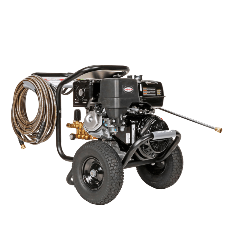 Simpson PowerShot PS4240 with a black commercial engine, direct-drive AAA industrial triplex plunger pump, black welded steel frame, and 13-inch pneumatic tires.