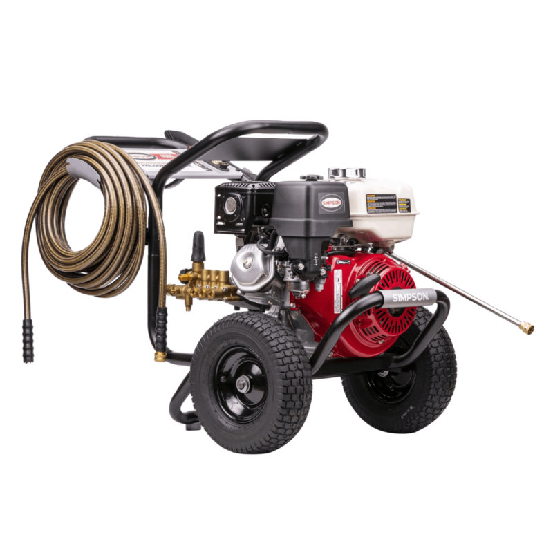 Simpson PowerShot PS60869 with a red Honda GX270 engine, direct-drive AAA industrial triplex plunger pump, black welded steel frame, and 13-inch pneumatic tires.