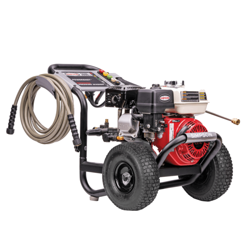 Simpson PowerShot PS60995 with a red Honda GX200 engine, direct-drive AAA triplex plunger pump, black welded steel frame, and 10-inch premium pneumatic tires.