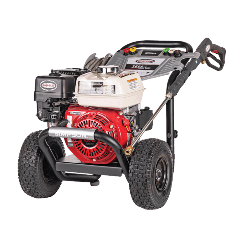 Simpson PowerShot PS61002 professional gas pressure washer featuring a red Honda GX200 engine, a direct-drive AAA triplex plunger pump, a black powder-coated steel frame, a silver dashboard console, and 10-inch premium pneumatic tires on a black background.