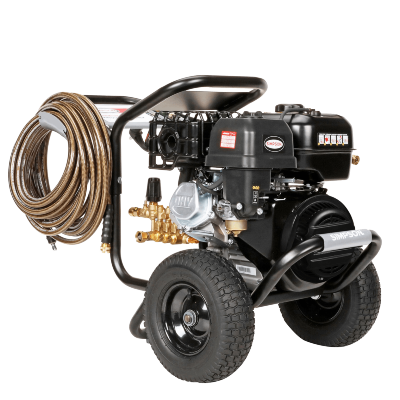Simpson PowerShot PS61041 with a black commercial engine, direct-drive AAA industrial triplex plunger pump, black welded steel frame, and premium pneumatic tires.