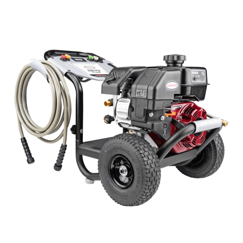 Simpson PowerShot PS61201 with a red Kohler SH265 engine, direct-drive AAA axial cam pump, black welded steel frame, and 10-inch premium pneumatic tires.