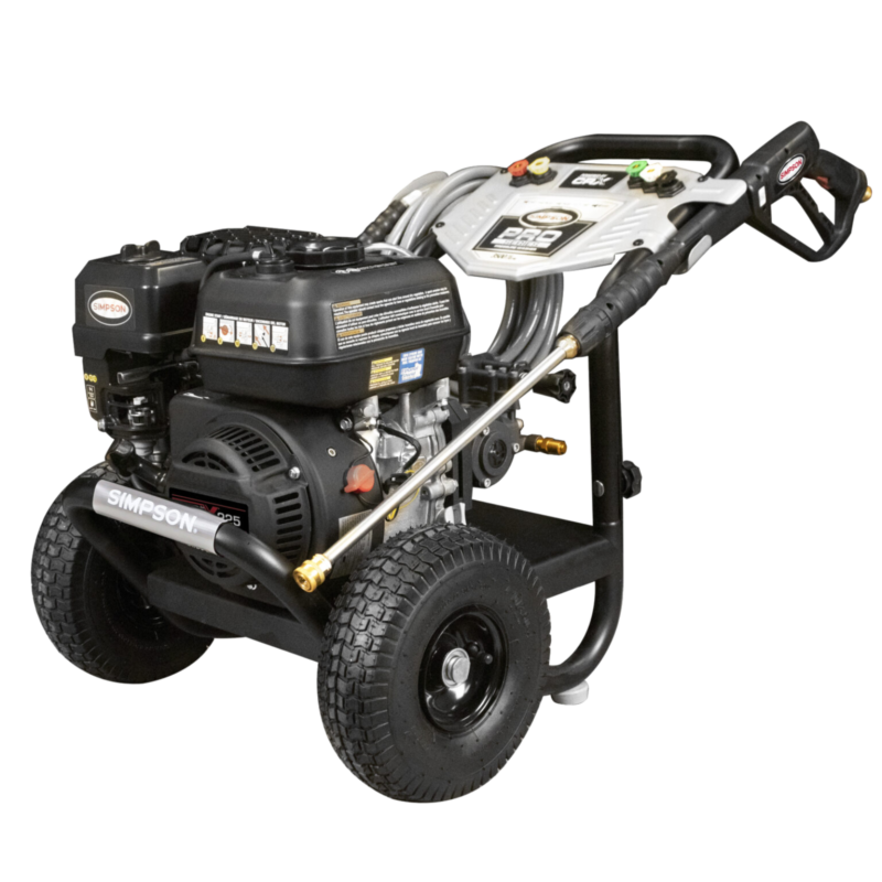 Simpson Pro Series PS61251 professional gas pressure washer featuring a black CRX225 engine, a AAA AX300 Pro axial cam pump, a black powder-coated steel frame, and a silver dashboard console with 10-inch pneumatic tires.