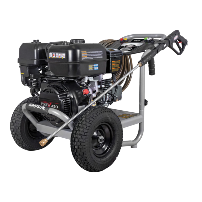 Alt Text: Simpson Pro Series PS61350 professional gas pressure washer featuring a black CRX420 engine, AAA triplex plunger pump, silver powder-coated steel frame, black dashboard panel, and 13-inch pneumatic tires.
