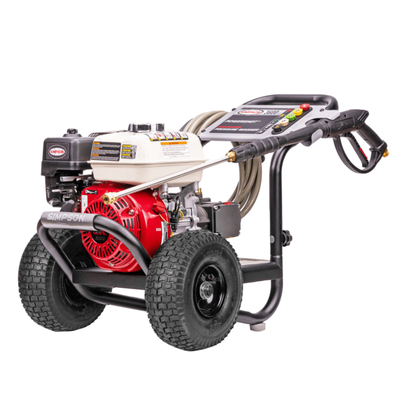 Simpson PowerShot PS61433 professional gas pressure washer featuring a red Honda GX200 engine, a direct-drive AAA triplex plunger pump, a black powder-coated steel frame, an integrated silver dashboard console, and 10-inch premium pneumatic tires on a black background.