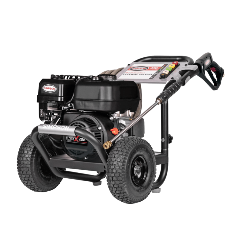 Simpson PowerShot PS61473 professional gas pressure washer featuring a black CRX225 engine, a AAA triplex plunger pump, a black powder-coated steel frame, a silver dashboard console, and 10-inch premium pneumatic tires on a black background.