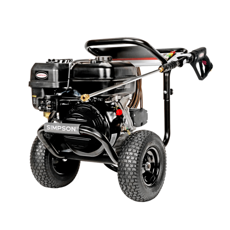 Alt Text: Simpson PowerShot PS61474 professional gas pressure washer featuring a black CRX420 engine, a AAA triplex plunger pump, a black powder-coated steel frame, a black dashboard console, and premium pneumatic transport tires on a black background.