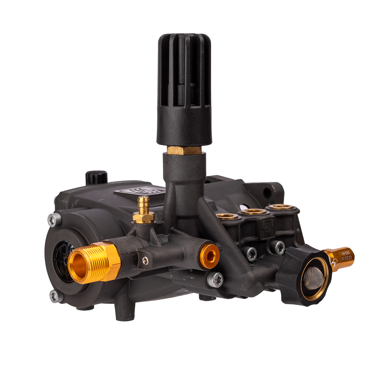 AAA 530062 triplex plunger pump featuring a black crankcase, black anodized manifold, integrated unloader valve with a ribbed black knob, brass M22 outlet, and garden hose inlet with screen filter.
