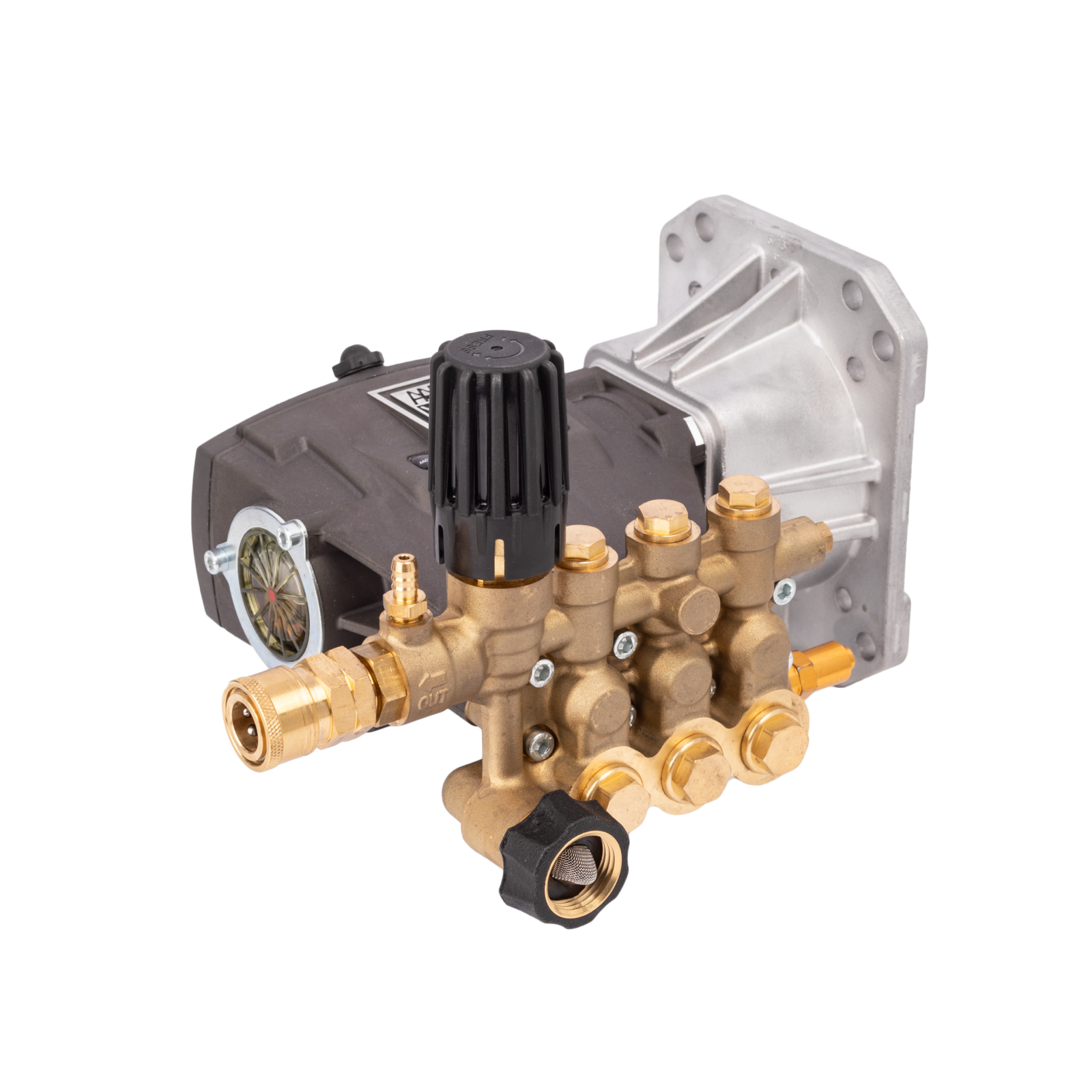 AAA EW4040 triplex plunger pump with a black crankcase, sight glass, large aluminum engine mounting flange, forged brass manifold, integrated unloader valve with a ribbed black knob, brass quick-connect outlet, and a black garden hose inlet.