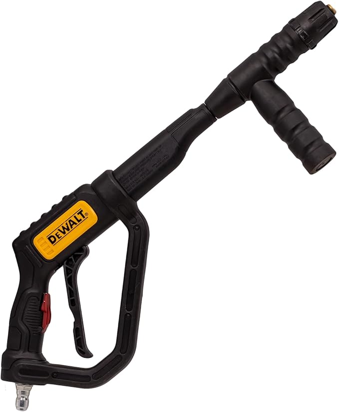 DeWALT 7114313DEW heavy-duty pressure washer spray gun featuring a black ergonomic grip with a yellow DeWALT logo insert, a safety trigger lock, a bottom brass inlet, and an integrated adjustable side assist handle on the barrel.
