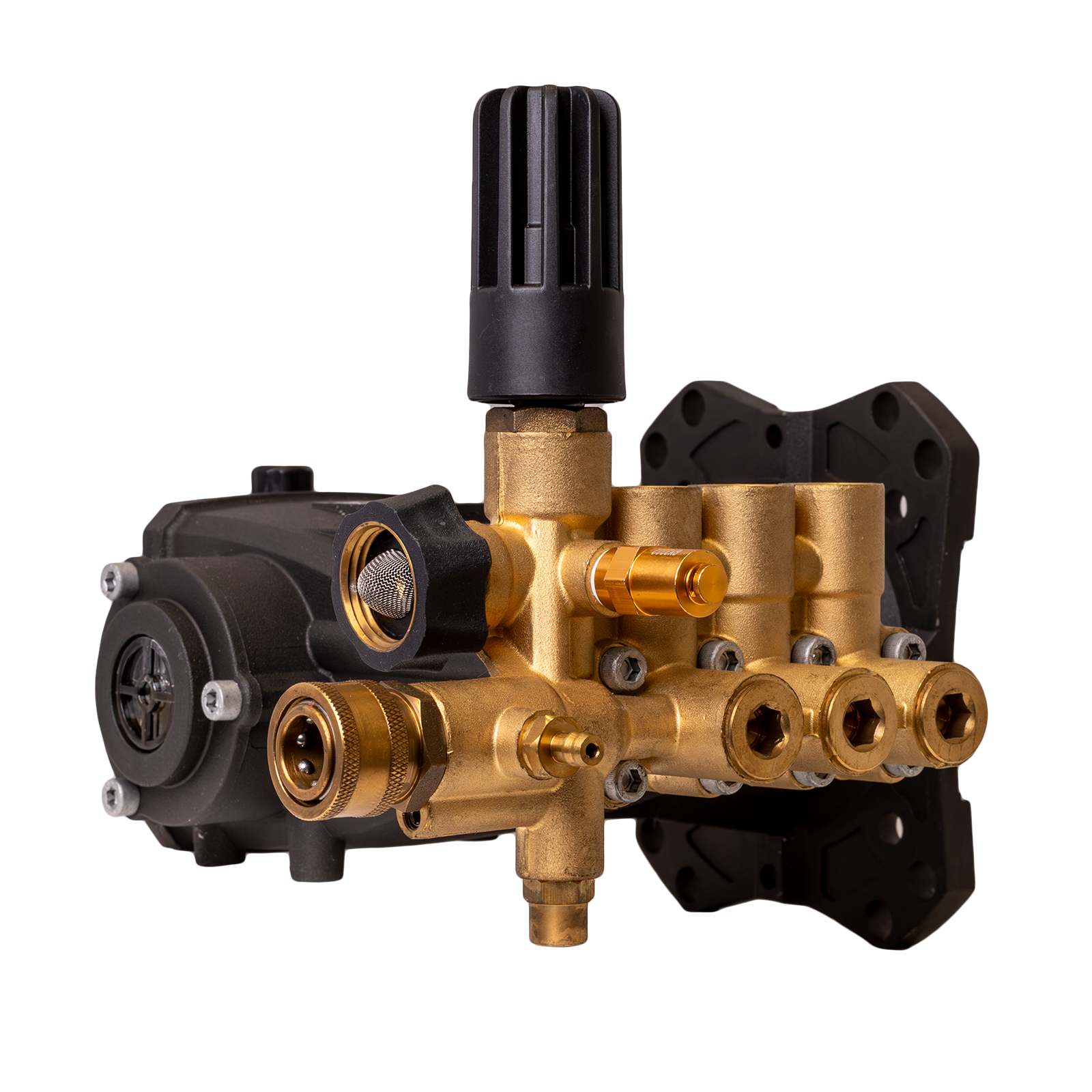 AAA 530060 triplex plunger pump featuring a black crankcase, a forged brass manifold, an unloader valve with a ribbed black knob, a garden hose inlet, and a brass quick-connect outlet.