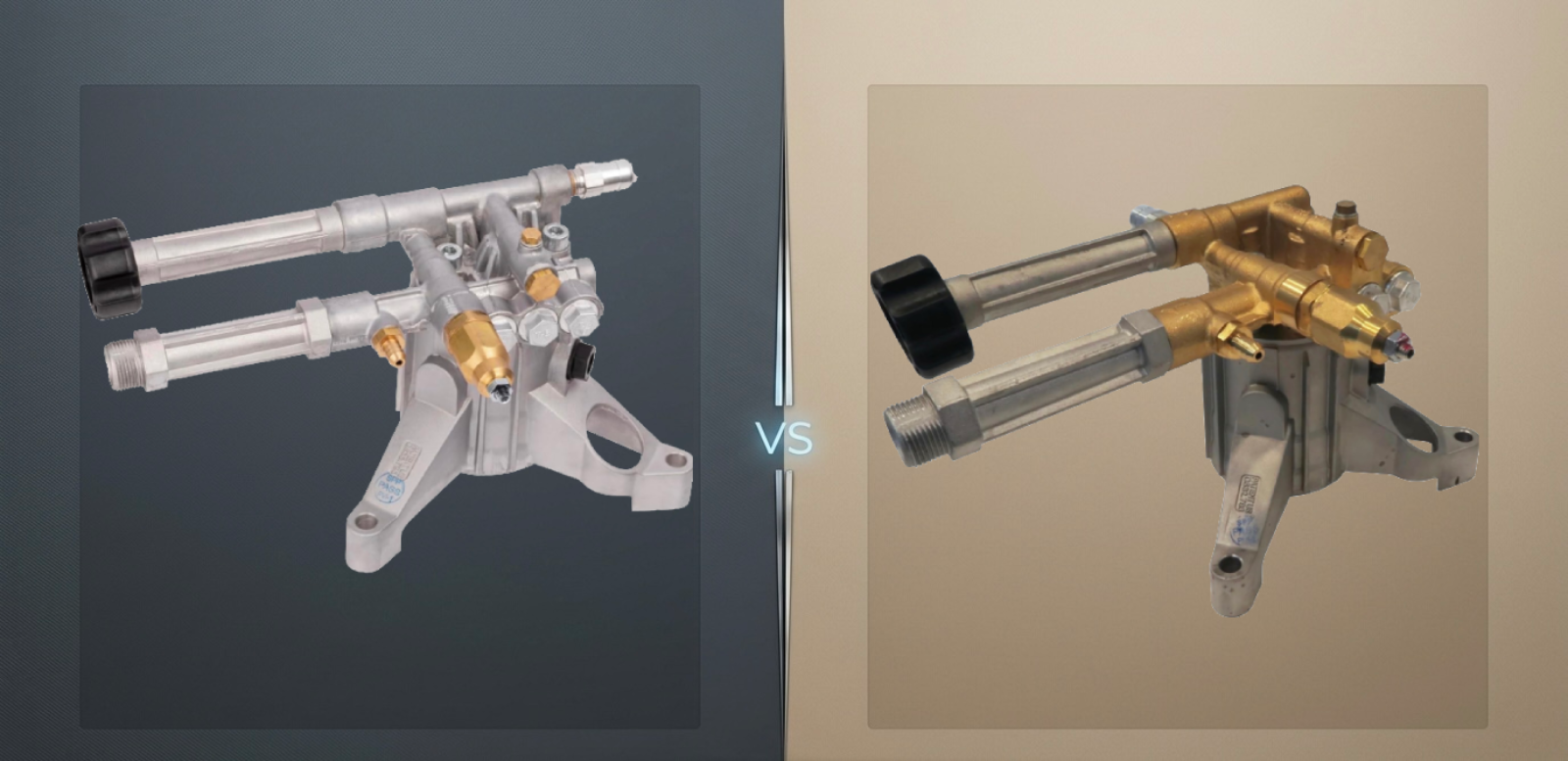 vertical pressure washer pump comparison in image.png showing an all-aluminum pump model on the left versus a brass-manifold pump model on the right.