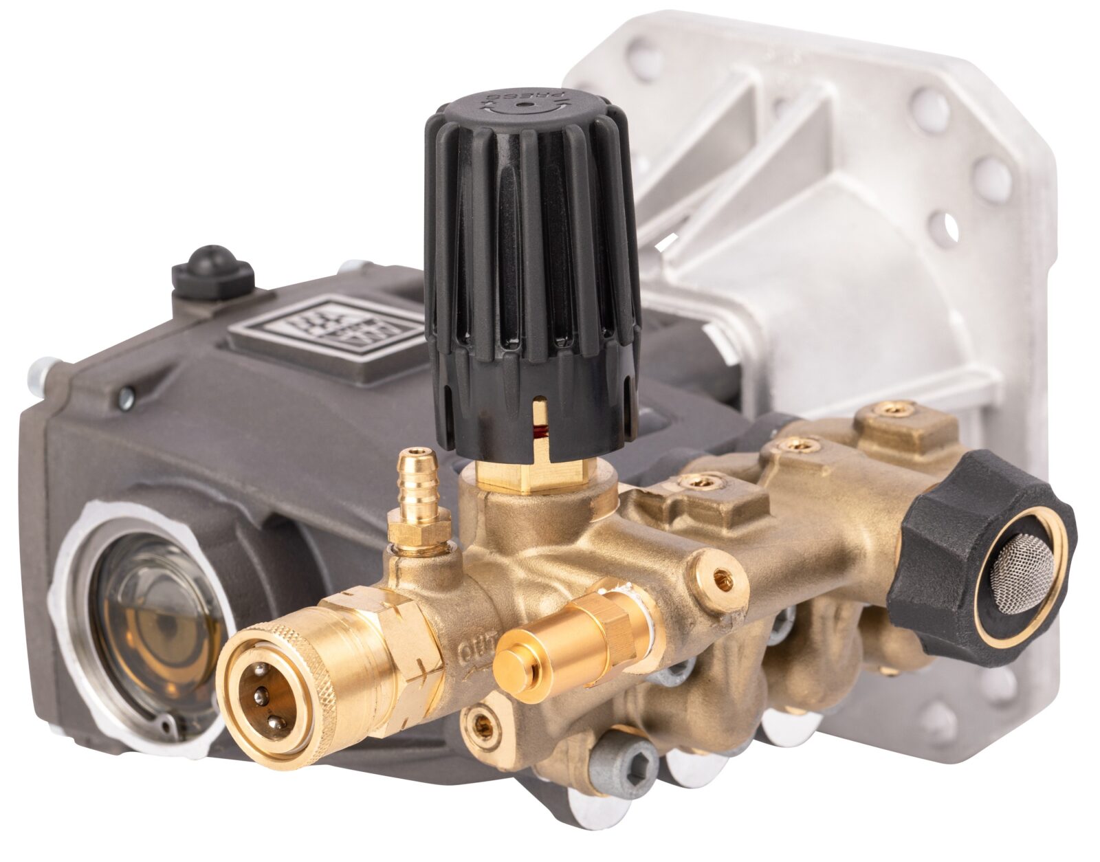 AAA DW3635 triplex plunger pump with a black crankcase, sight glass, large aluminum mounting flange, forged brass manifold, integrated unloader valve with a ribbed black knob, brass quick-connect outlet, and garden hose inlet.