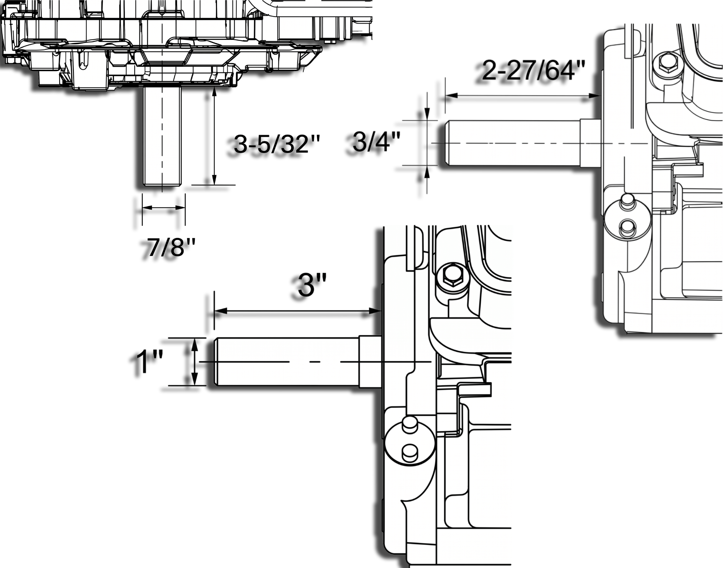 Small engine crankshaft dimension diagram in Engine Shafts.jpg illustrating three common configuration profiles: a 7/8-inch diameter vertical shaft with a 3-5/32-inch length, a 3/4-inch horizontal shaft with a 2-27/64-inch length, and a 1-inch horizontal shaft with a 3-inch length.